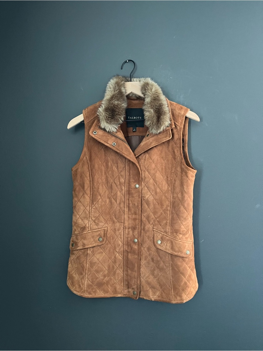 Talbots 100% Leather Quilted Vest Faux Fur Collar Cognac Brown Size Small